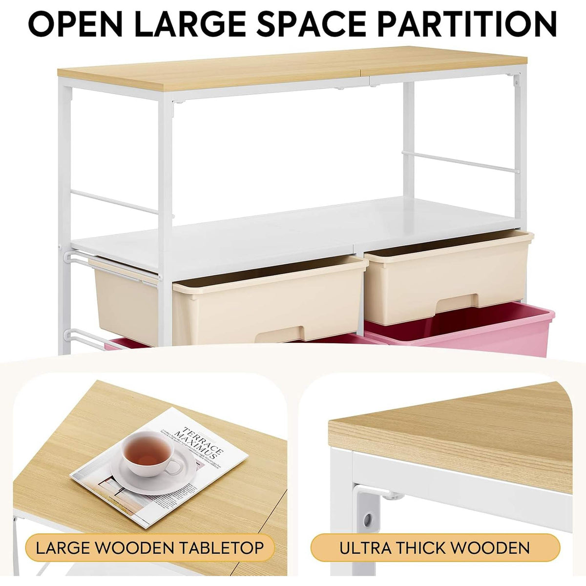SYKIARIOL 8-drawer rolling storage organizer – large-space partition with a thick wooden tabletop, close-up