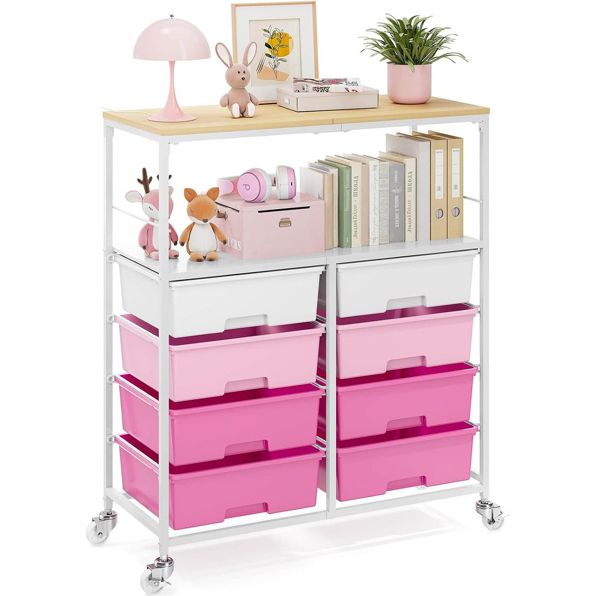 SYKIARIOL 8-drawer rolling storage organizer, pink drawers with desk accessories and books on the shelf