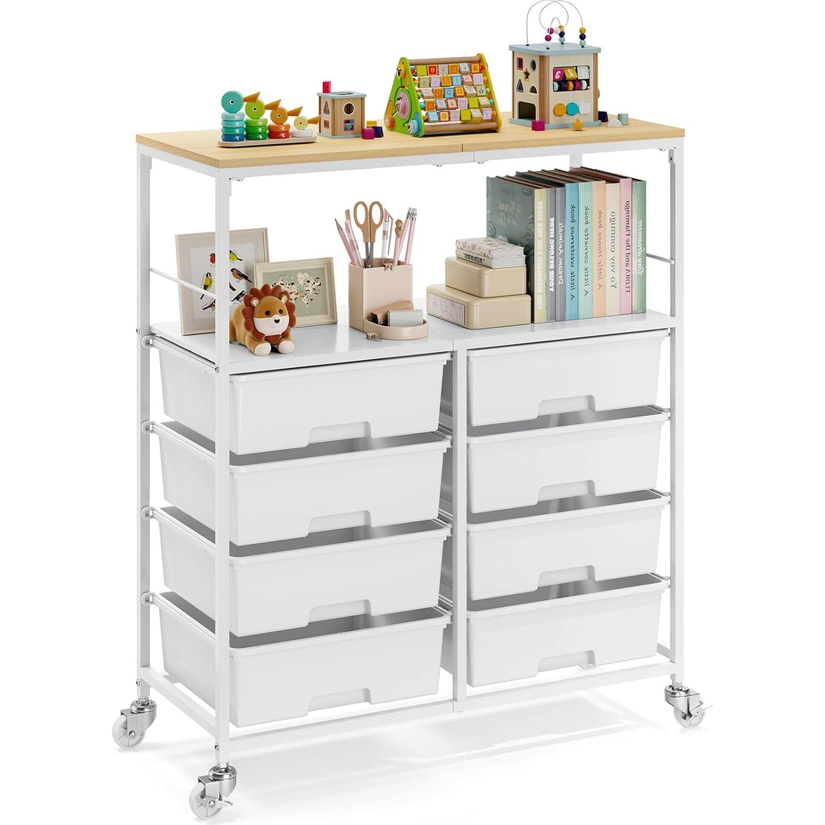 SYKIARIOL 8-drawer rolling storage organizer, white drawers with kids toys and books