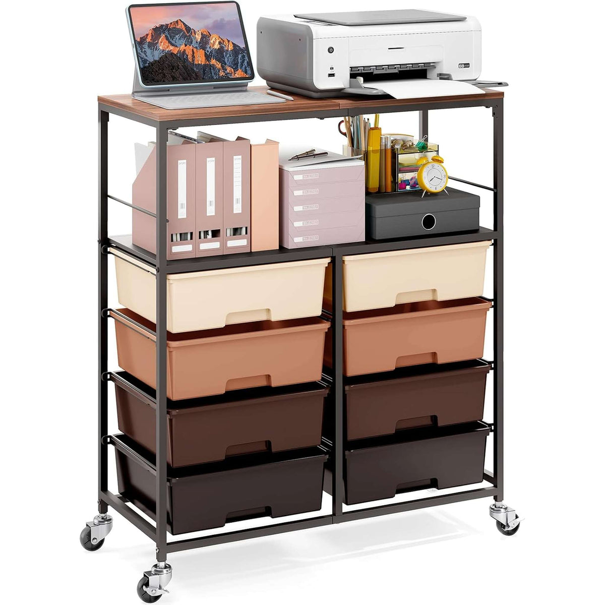SYKIARIOL 8-drawer rolling storage organizer, brown drawers on a dark frame, holding a laptop and printer as a home office cart