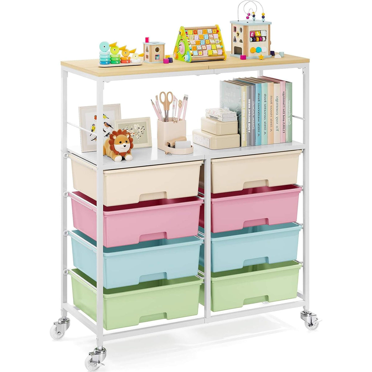 SYKIARIOL 8-drawer rolling storage organizer, pastel rainbow drawers with kids supplies on the shelf