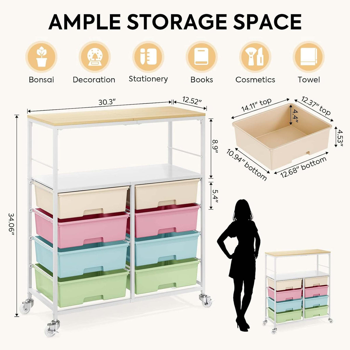 SYKIARIOL 8-drawer rolling storage organizer – size infographic: about 30.3 in wide, 12.5 in deep and 34.5 in tall, with a drawer measurement