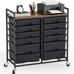 SYKIARIOL 12-drawer rolling storage cart, black drawers with a dark wood top and a printer