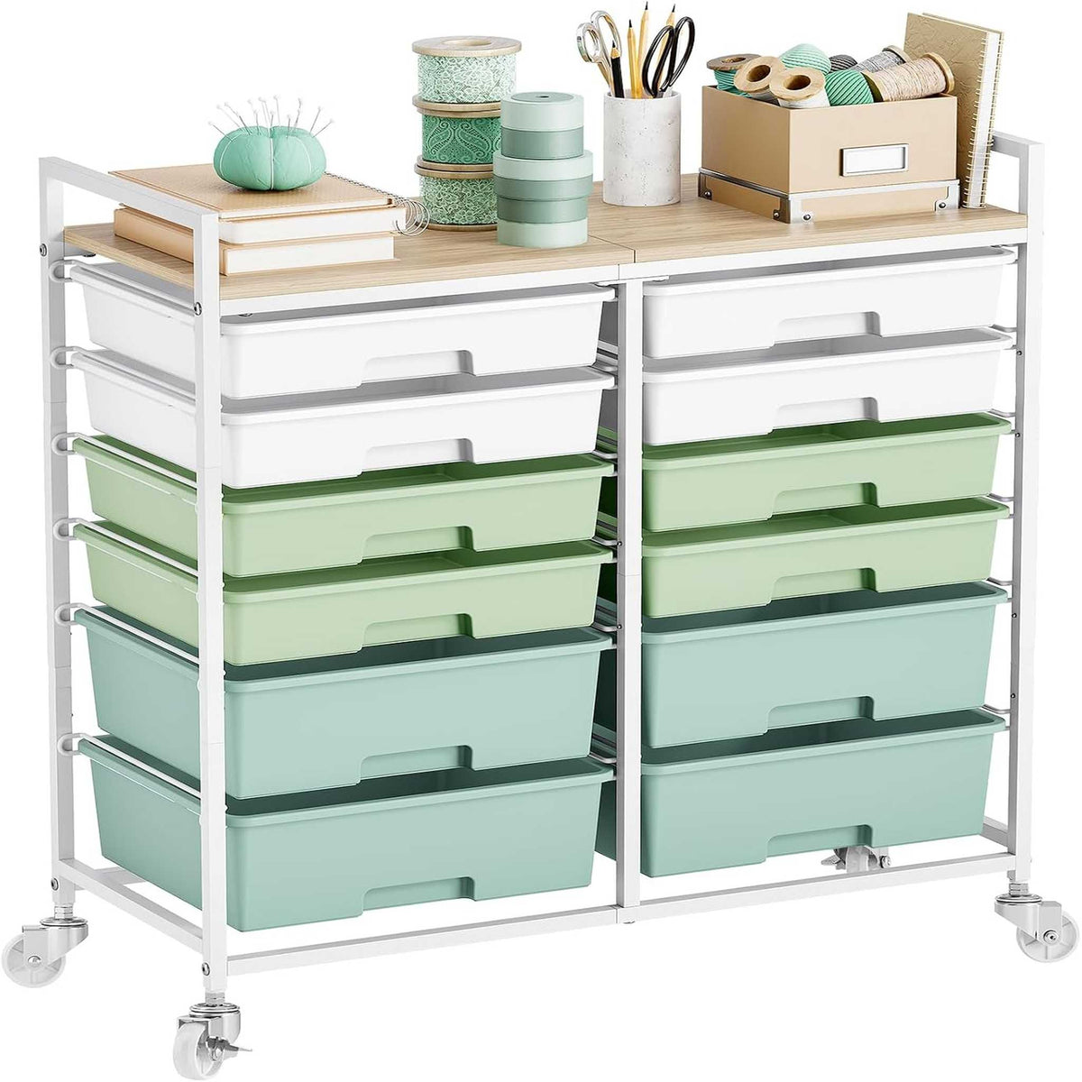 SYKIARIOL 12-drawer rolling storage cart, green gradient drawers with sewing and craft supplies