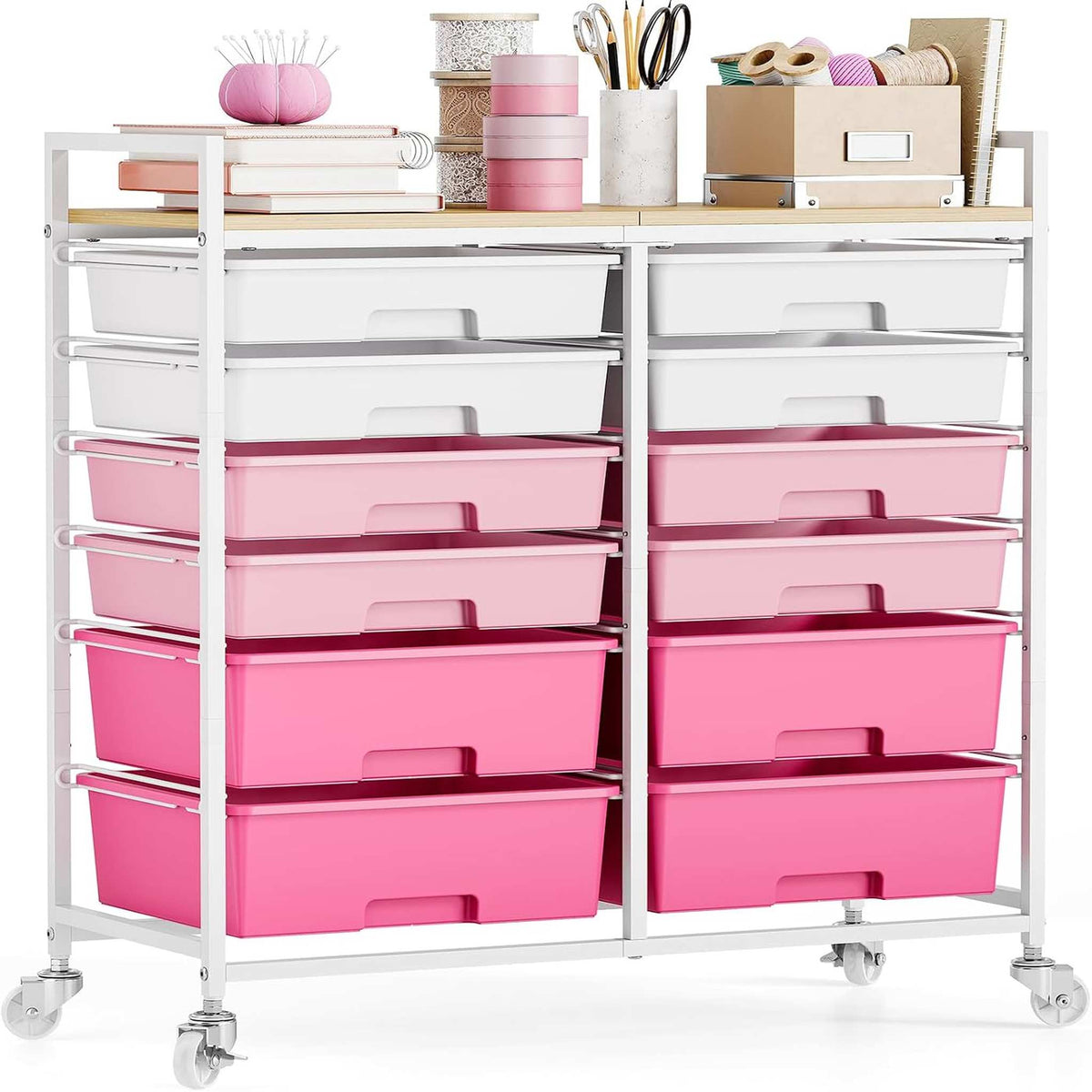 SYKIARIOL 12-drawer rolling storage cart, pink gradient drawers with craft supplies on top