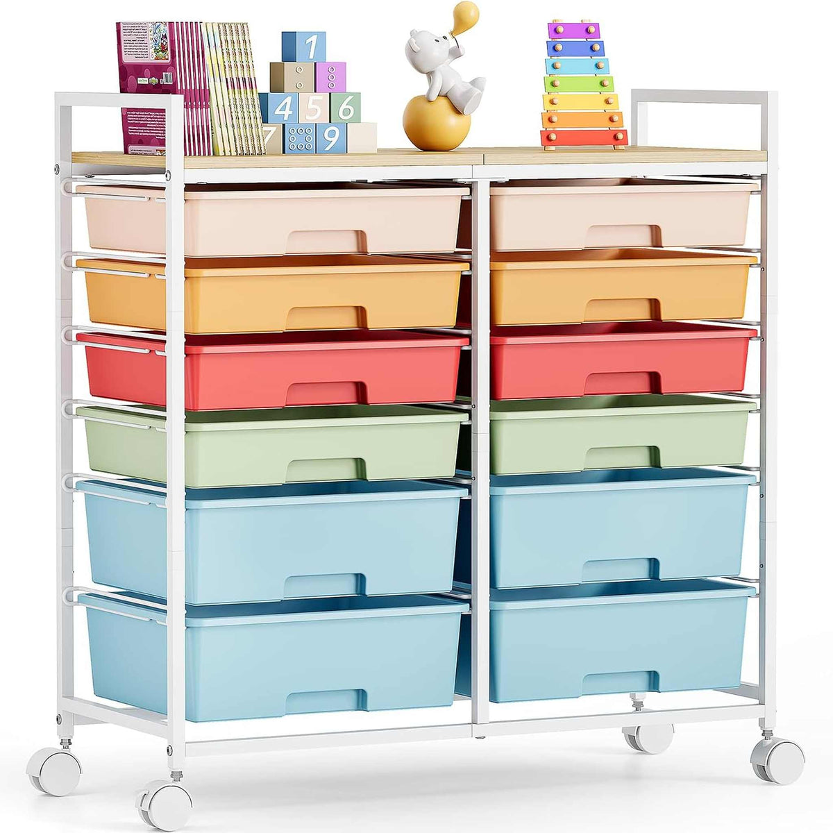 SYKIARIOL 12-drawer rolling storage cart, rainbow pastel drawers with kids learning toys on top