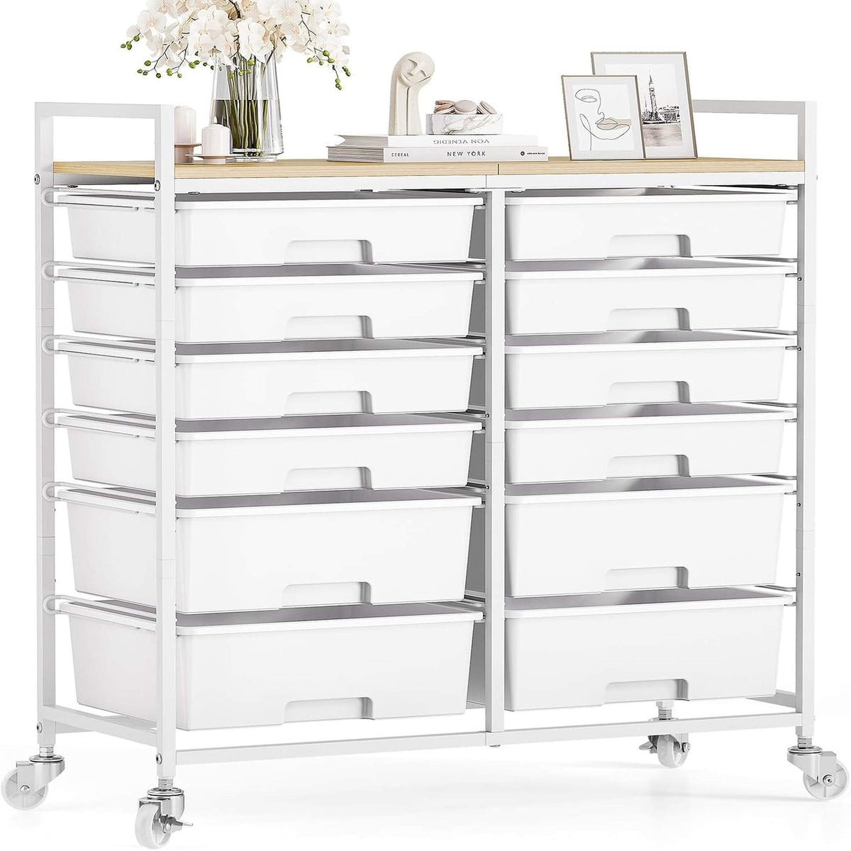 SYKIARIOL 12-drawer rolling storage cart, white drawers with flowers and picture frames on top
