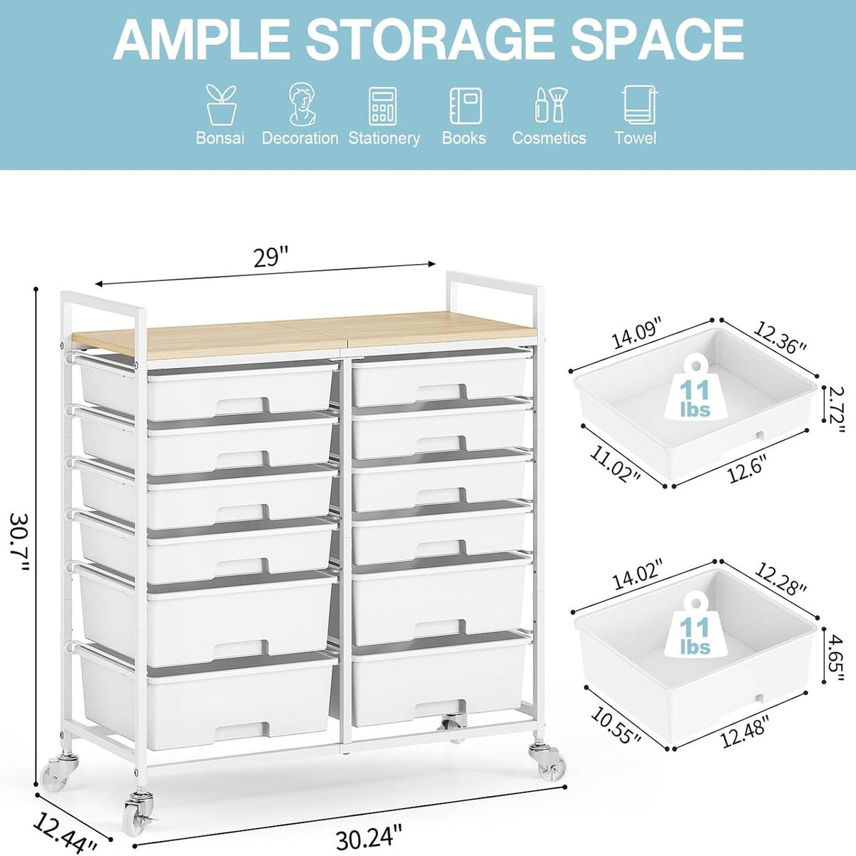 SYKIARIOL 12-drawer rolling storage cart – size infographic: about 30.24 in wide, 12.44 in deep and 30.2 in tall, with 11 lb drawer capacity