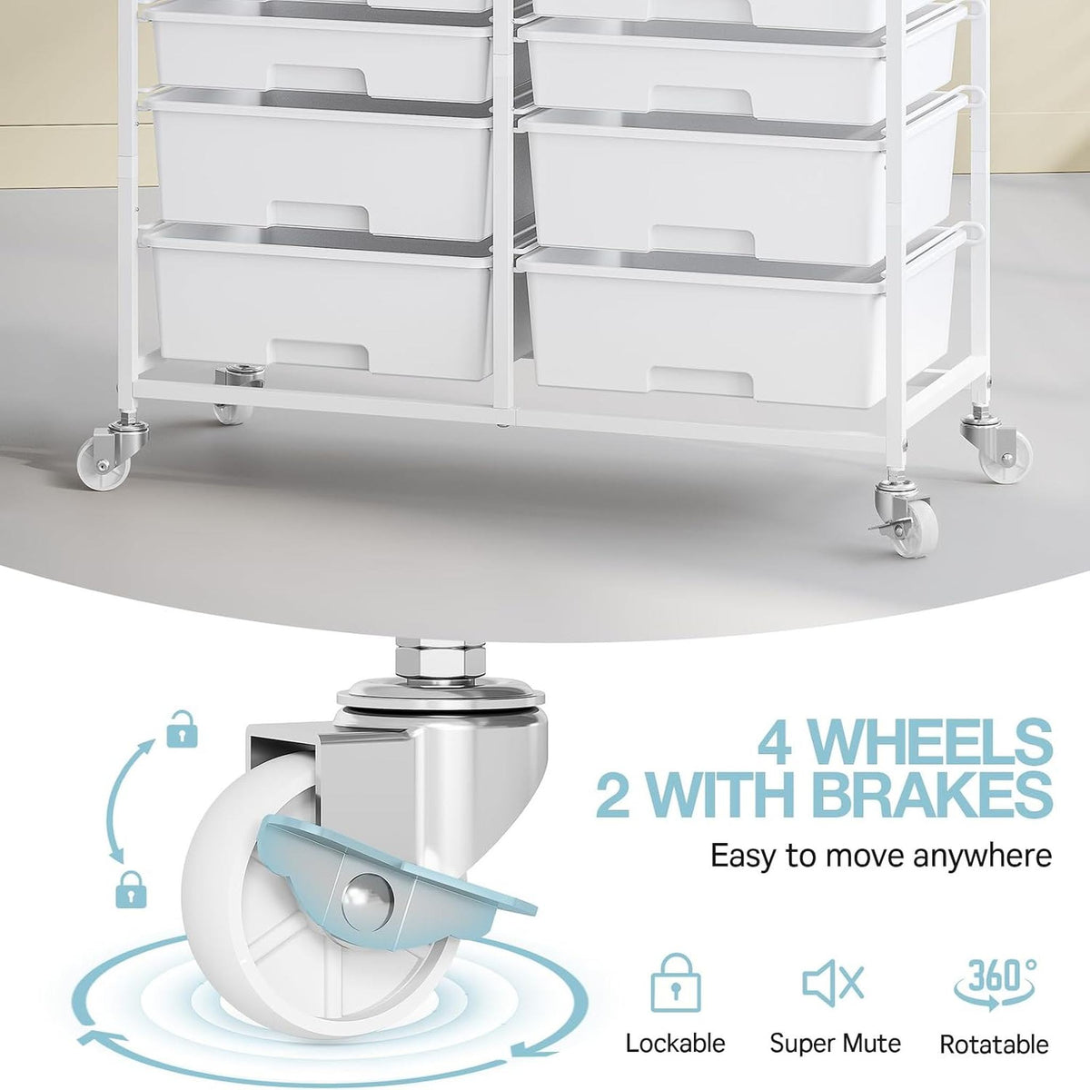 SYKIARIOL 12-drawer rolling storage cart – lockable swivel wheel close-up: four wheels, two with brakes