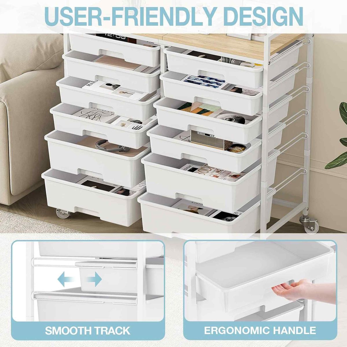 SYKIARIOL 12-drawer rolling storage cart – user-friendly design with smooth-track drawers and ergonomic handle