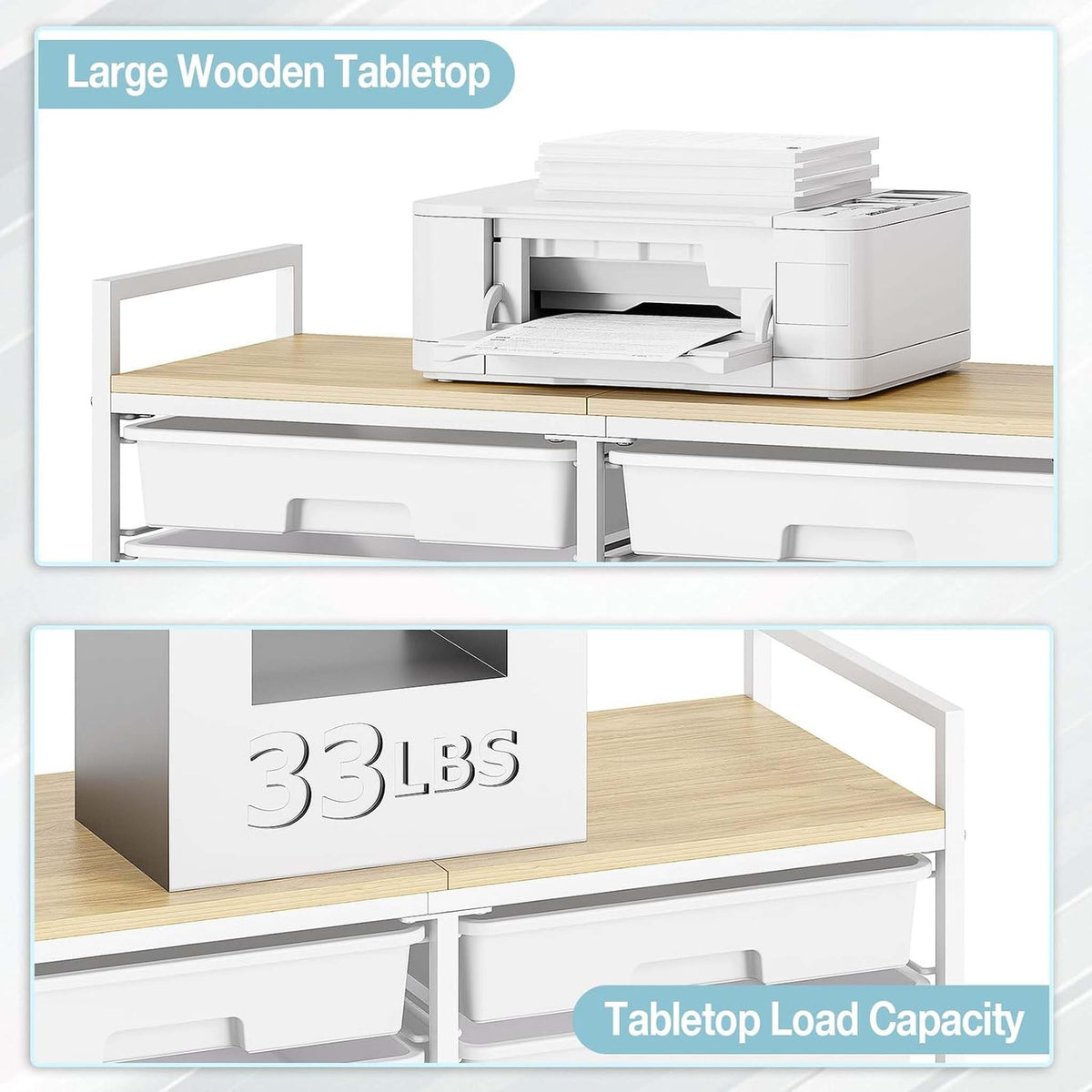 SYKIARIOL 12-drawer rolling storage cart – tabletop load capacity of 33 lbs, with a printer on top