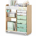 SYKIARIOL 6-drawer rolling storage organizer, natural wood side panels and mint green drawers holding binders and a globe