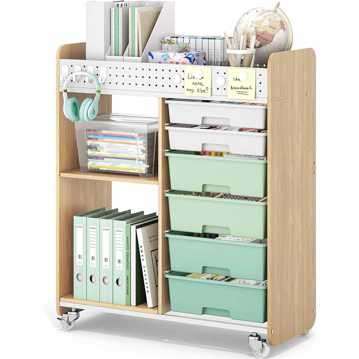 SYKIARIOL 6-drawer rolling storage organizer, natural wood side panels and mint green drawers holding binders and a globe