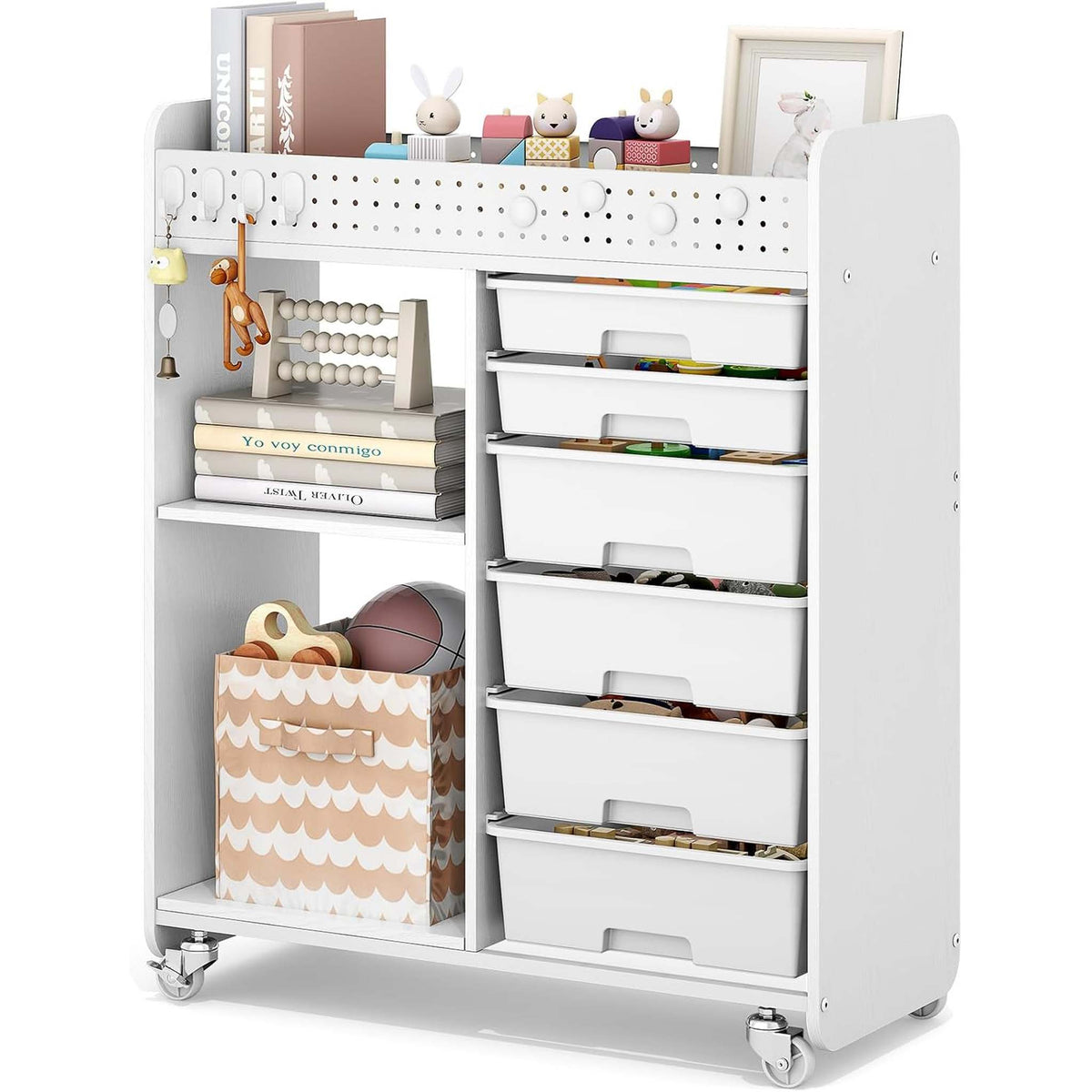 SYKIARIOL 6-drawer rolling storage organizer, white version with a woven basket and open shelf