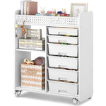 SYKIARIOL 6-drawer rolling storage organizer, white version with a woven basket and open shelf