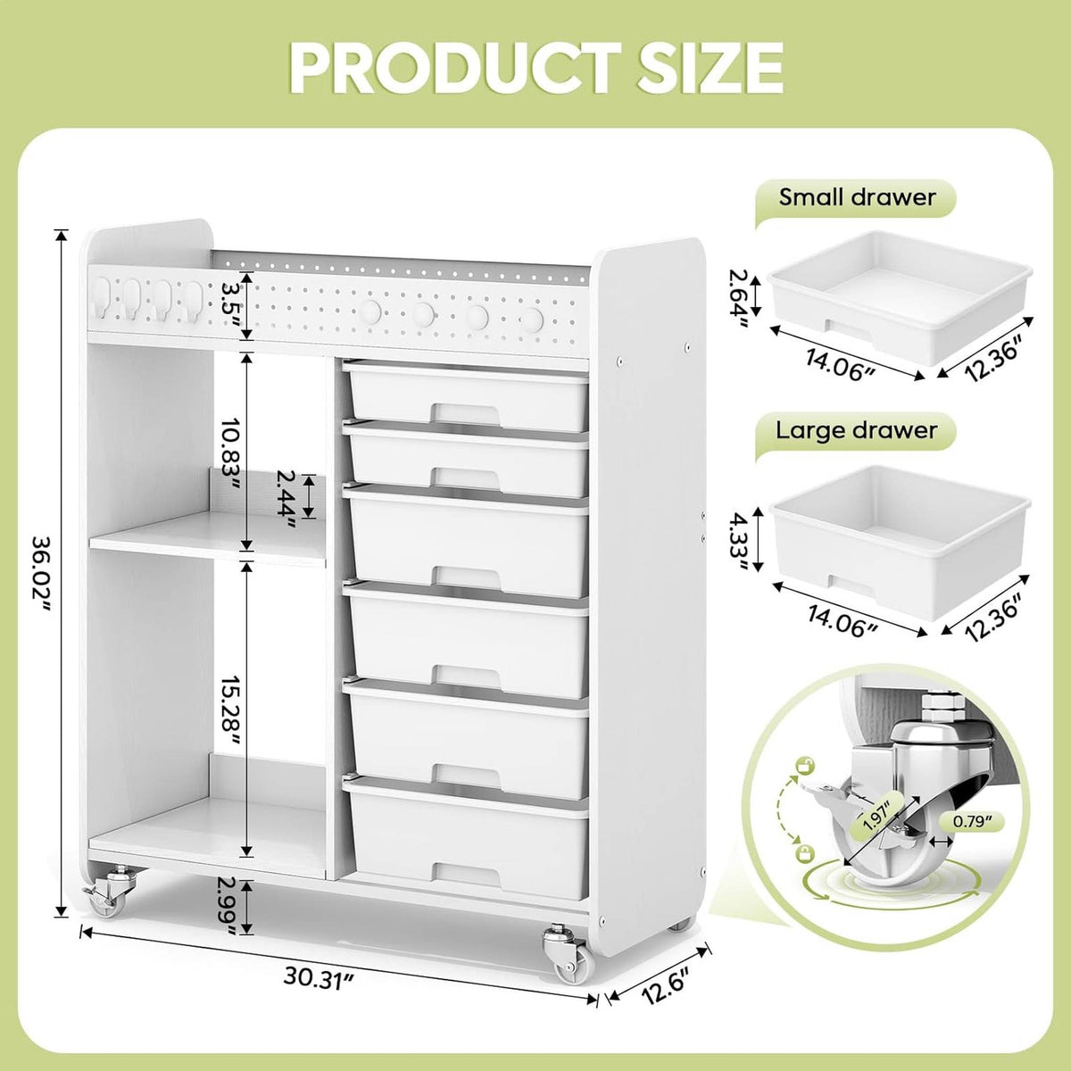 SYKIARIOL 6-drawer rolling storage organizer – size infographic: 30.31 x 12.6 x 36.02 in with small and large drawer sizes
