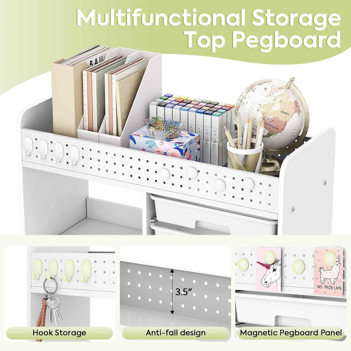 SYKIARIOL 6-drawer rolling storage organizer – multifunctional pegboard top with hook storage, anti-fall design and magnetic pegboard panel