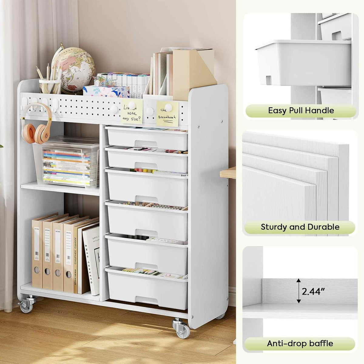 SYKIARIOL 6-drawer rolling storage organizer – detail: easy-pull handle, sturdy build and anti-drop baffle, shown holding office files