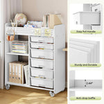 SYKIARIOL 6-drawer rolling storage organizer – detail: easy-pull handle, sturdy build and anti-drop baffle, shown holding office files