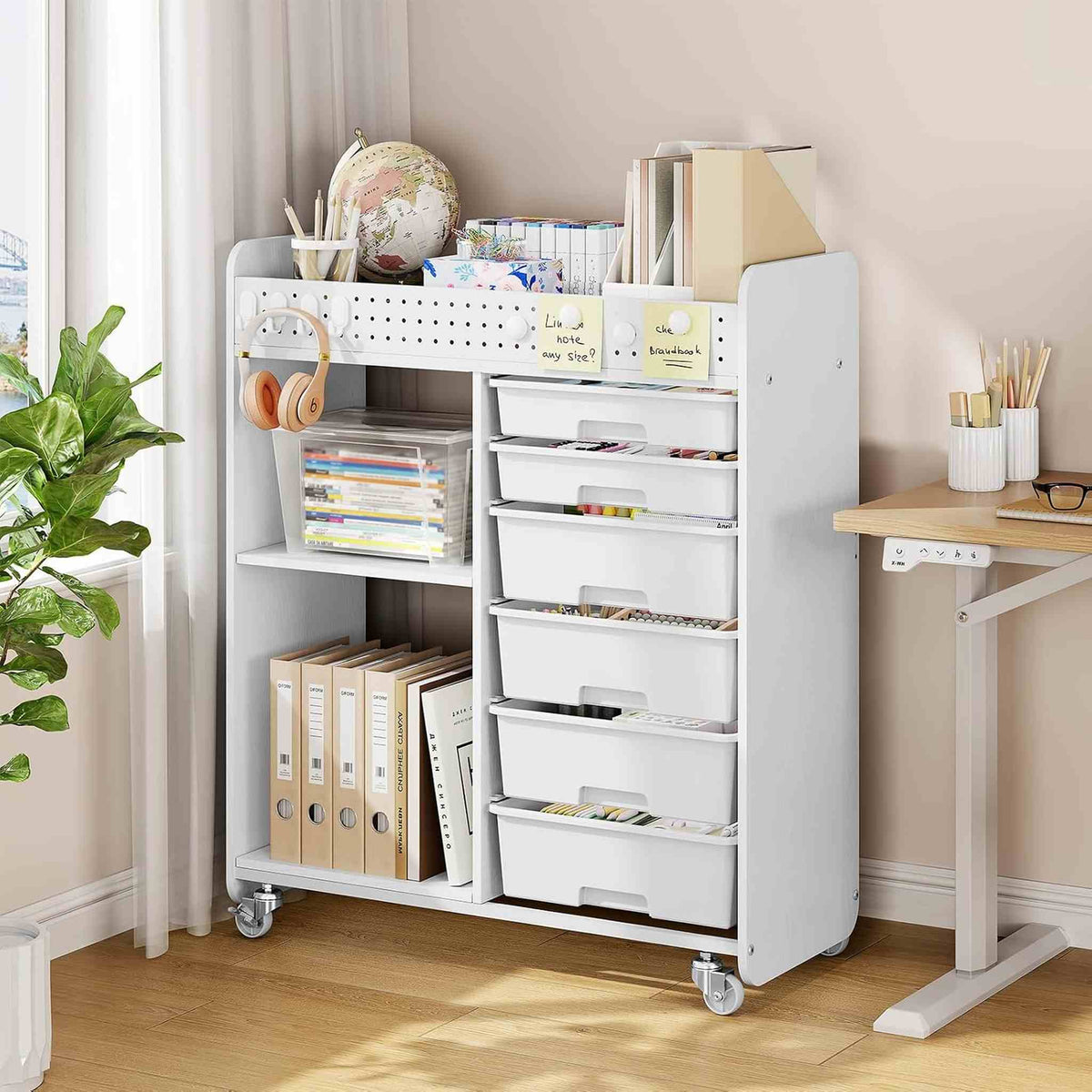 SYKIARIOL 6-drawer rolling storage organizer – in a home office next to a standing desk