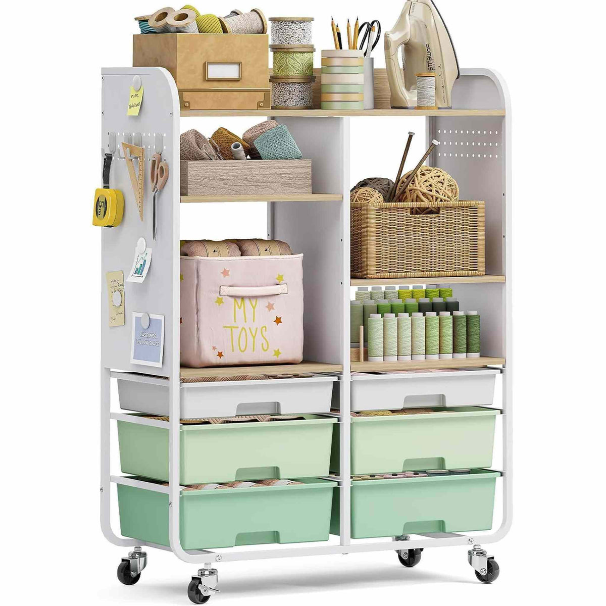 SYKIARIOL 6-drawer rolling storage cabinet, green drawers with baskets and craft supplies on the shelves