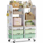 SYKIARIOL 6-drawer rolling storage cabinet, green drawers with baskets and craft supplies on the shelves
