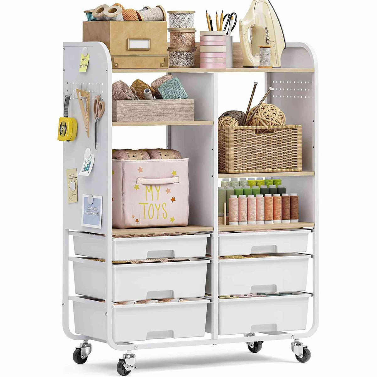 SYKIARIOL 6-drawer rolling storage cabinet, white drawers with baskets and craft supplies on the shelves