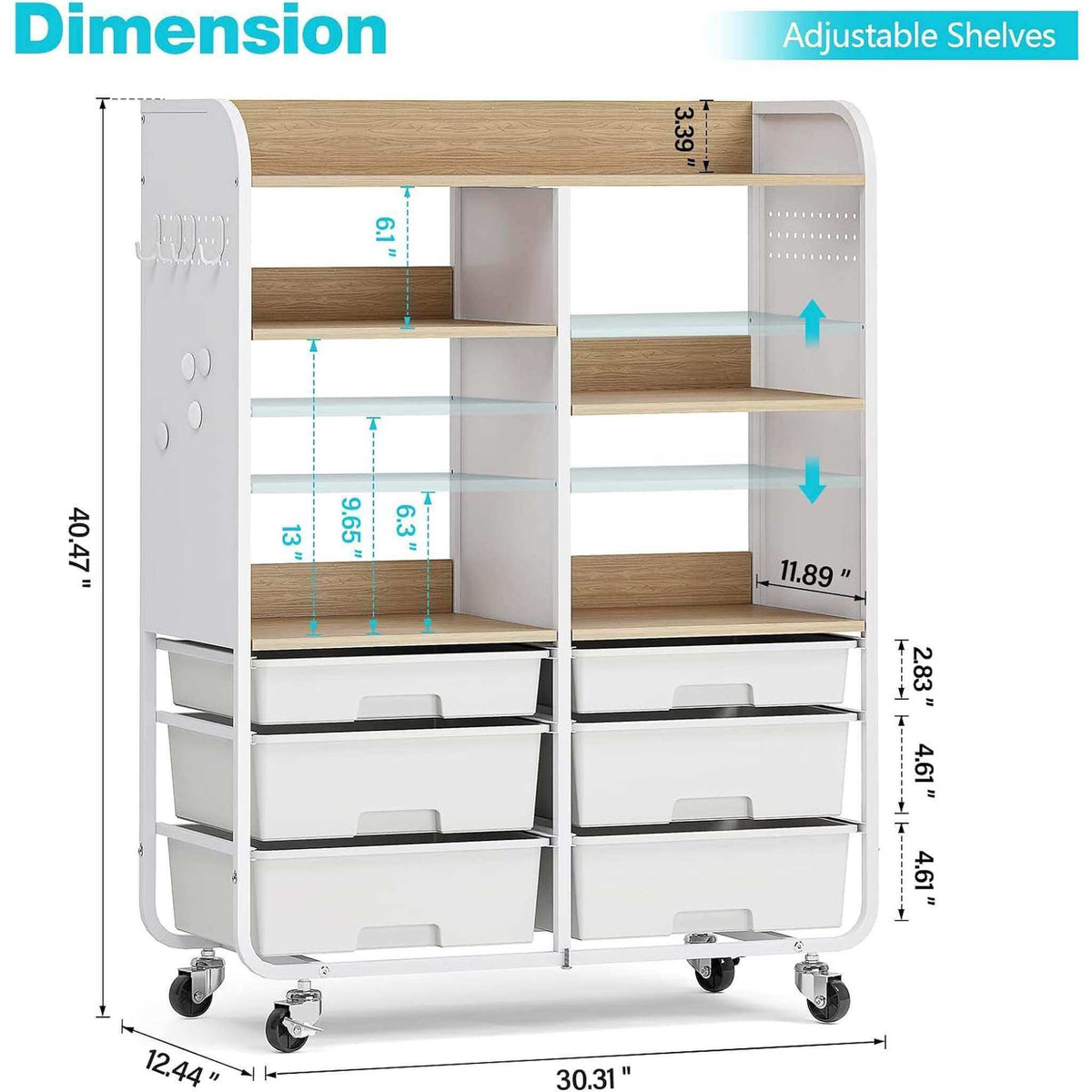 SYKIARIOL 6-drawer rolling storage cabinet – size infographic: 30.31 in wide, 12.44 in deep and 40.47 in tall, with adjustable shelves