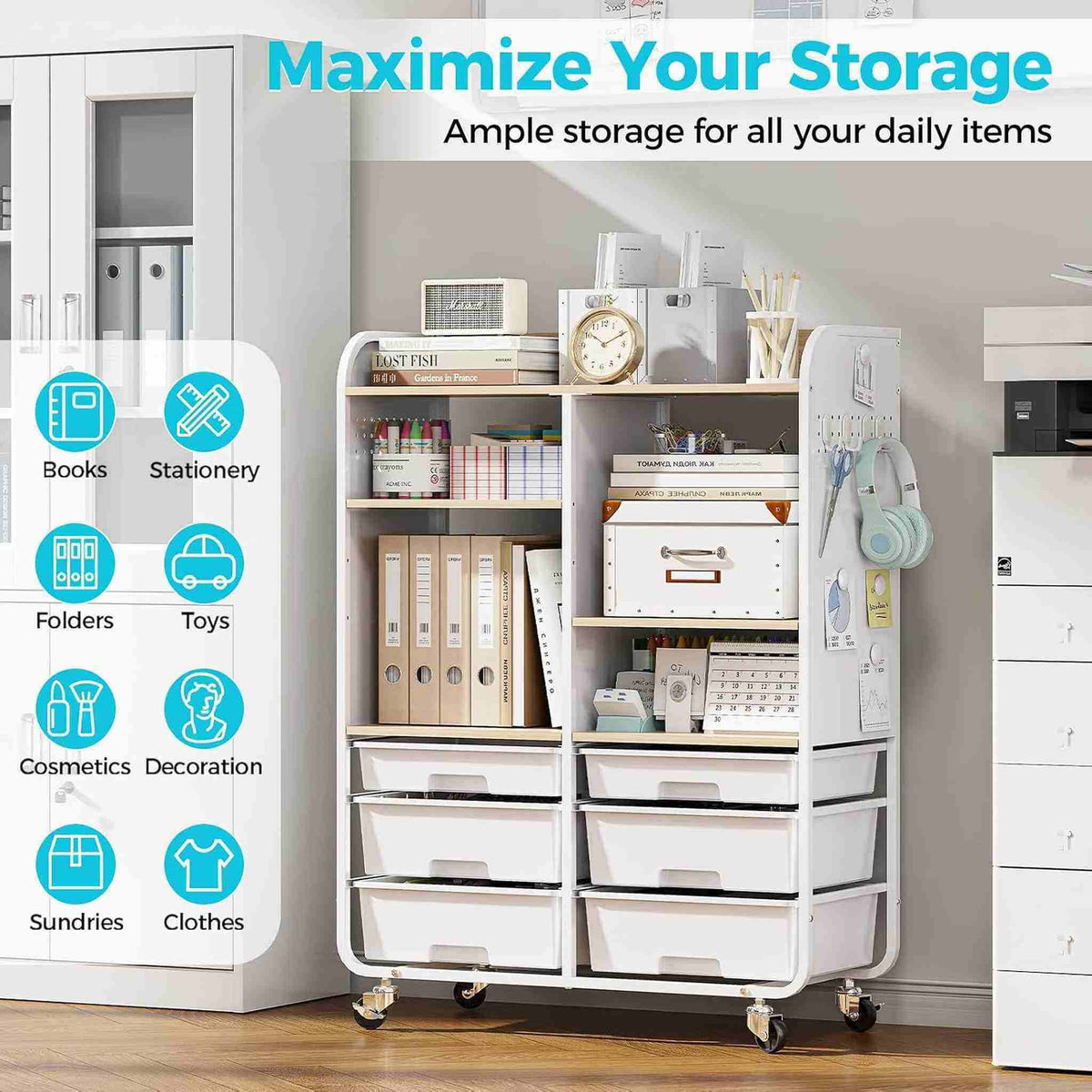 SYKIARIOL 6-drawer rolling storage cabinet – home office organizer holding binders, folders and stationery