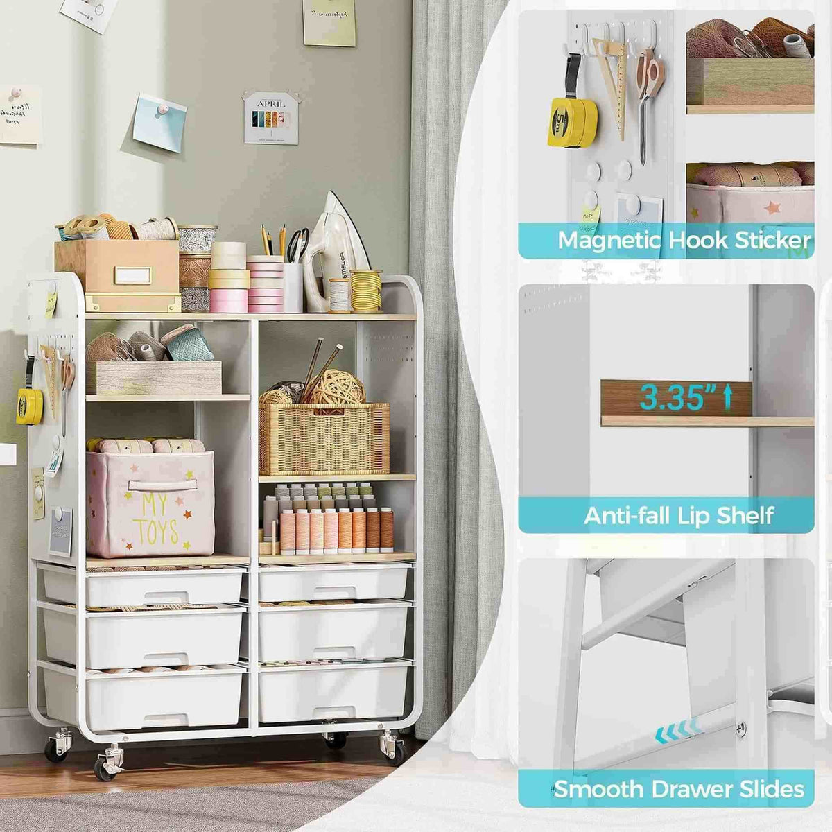 SYKIARIOL 6-drawer rolling storage cabinet – with magnetic hook stickers, anti-fall lip shelf and smooth drawer slides, in a craft room