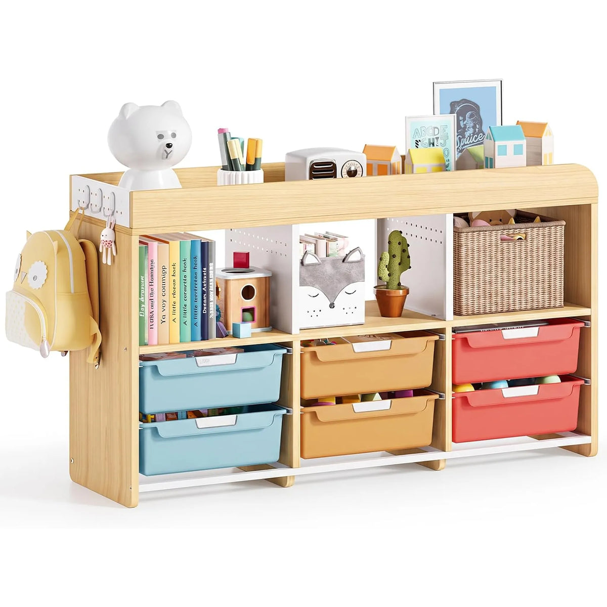 SYKIARIOL kids storage organizer, multicolor bins in blue, mustard and red