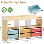 SYKIARIOL kids storage organizer – size infographic: 45.43 in wide, 13.14 in deep, 26.37 in tall, with a removable blue bin
