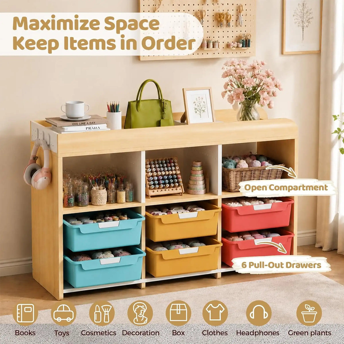 SYKIARIOL kids storage organizer – organizing craft supplies, with open compartments, six pull-out drawers and a pegboard side panel