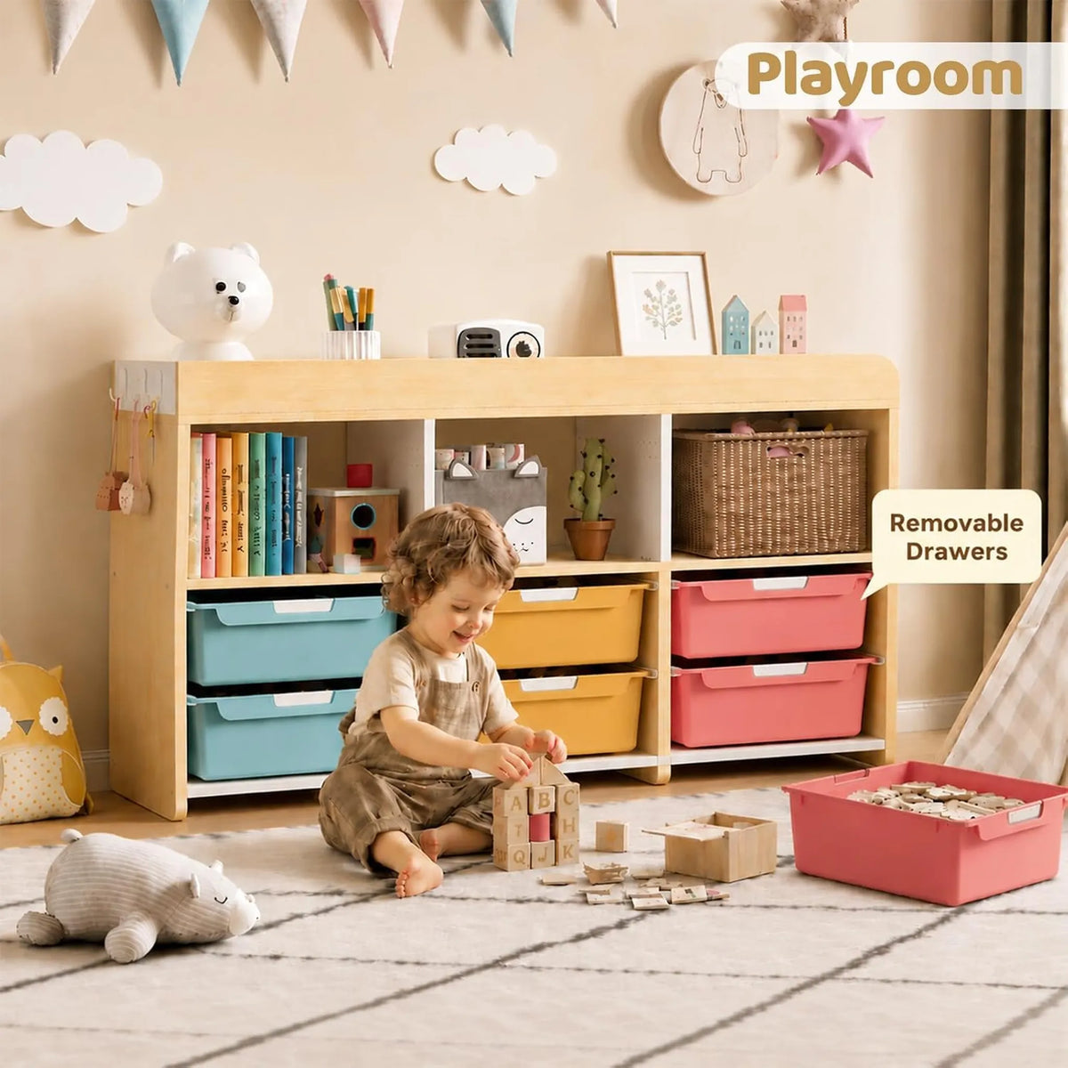 SYKIARIOL kids storage organizer – in a playroom with a child playing next to the removable bins