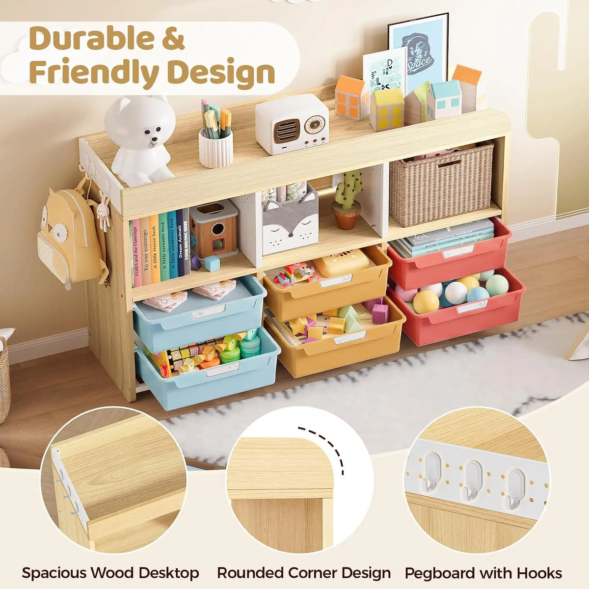 SYKIARIOL kids storage organizer – durable kid-friendly design: spacious wood top, rounded corners and pegboard with hooks