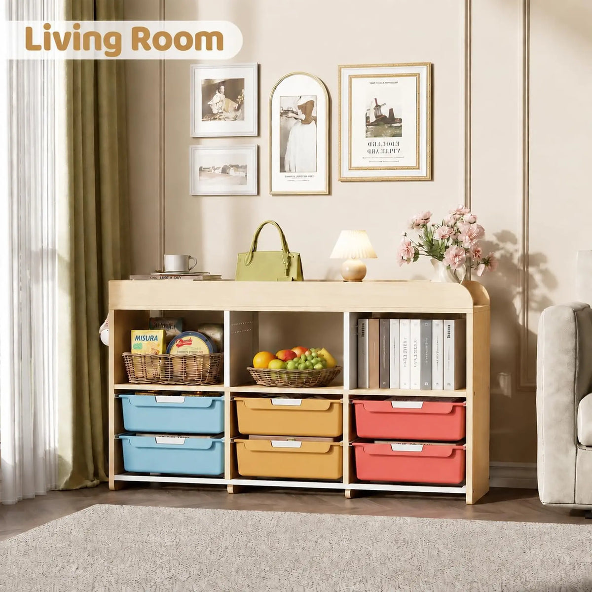 SYKIARIOL kids storage organizer – in a living room holding baskets and books