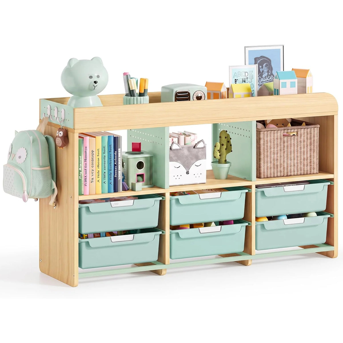 SYKIARIOL kids storage organizer, sage green bins