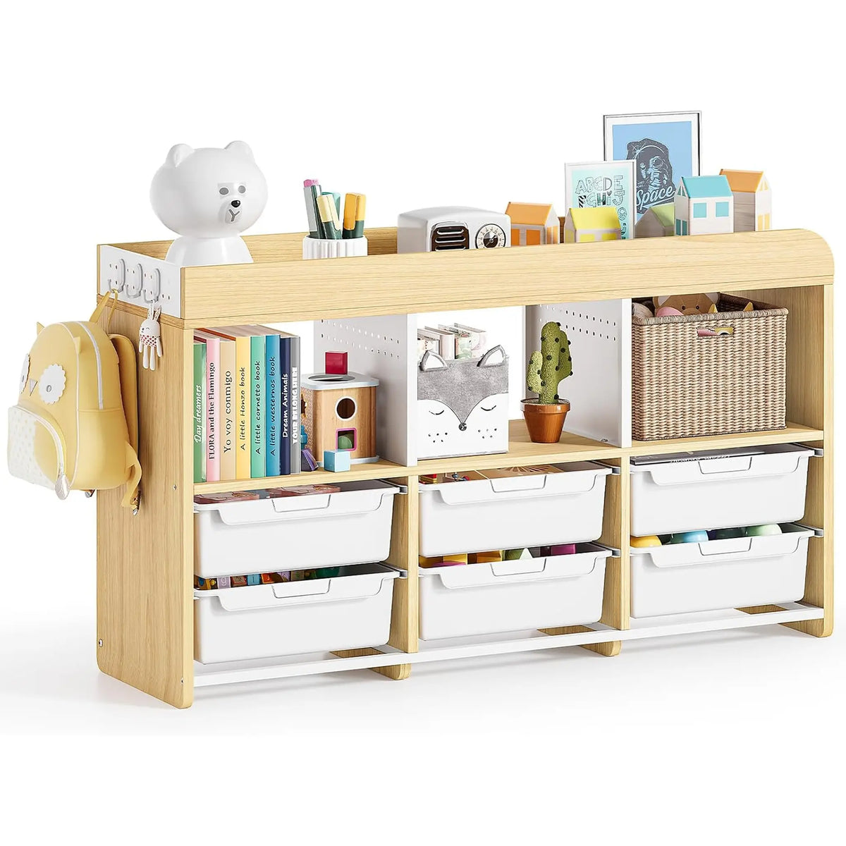 SYKIARIOL kids storage organizer, white bins with three open cubbies and a toy-filled top shelf