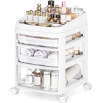 SYKIARIOL rolling vanity cart, three-drawer version organizing cosmetics and perfume bottles on a white frame