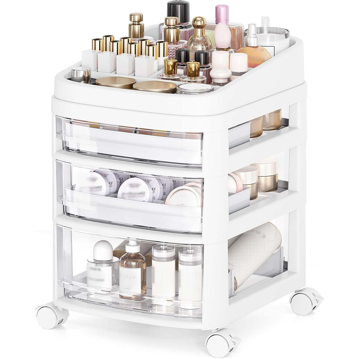SYKIARIOL rolling vanity cart, three-drawer version organizing cosmetics and perfume bottles on a white frame