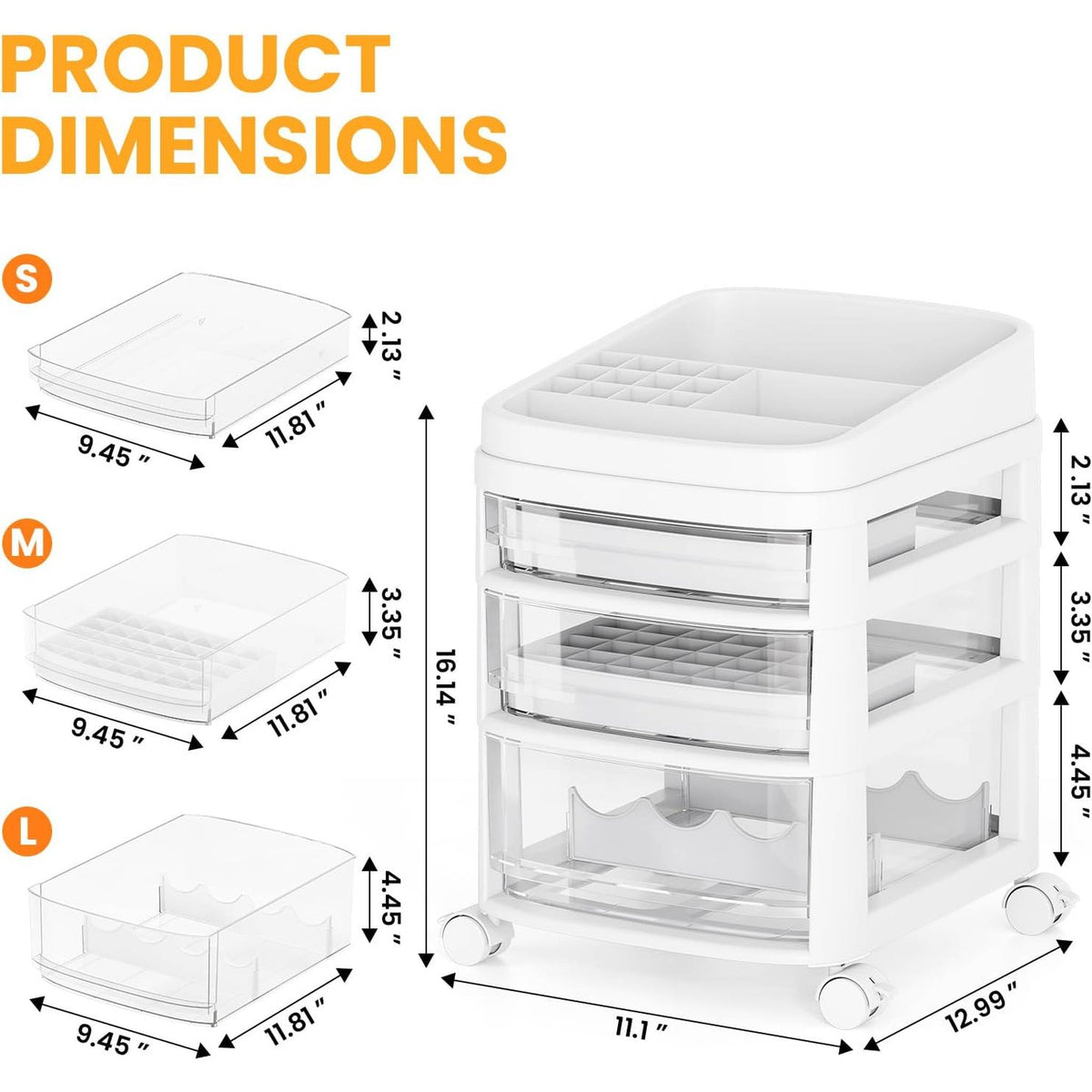 SYKIARIOL rolling vanity cart – dimensions infographic: 11.1 x 12.99 x 16.14 in with small, medium and large drawers