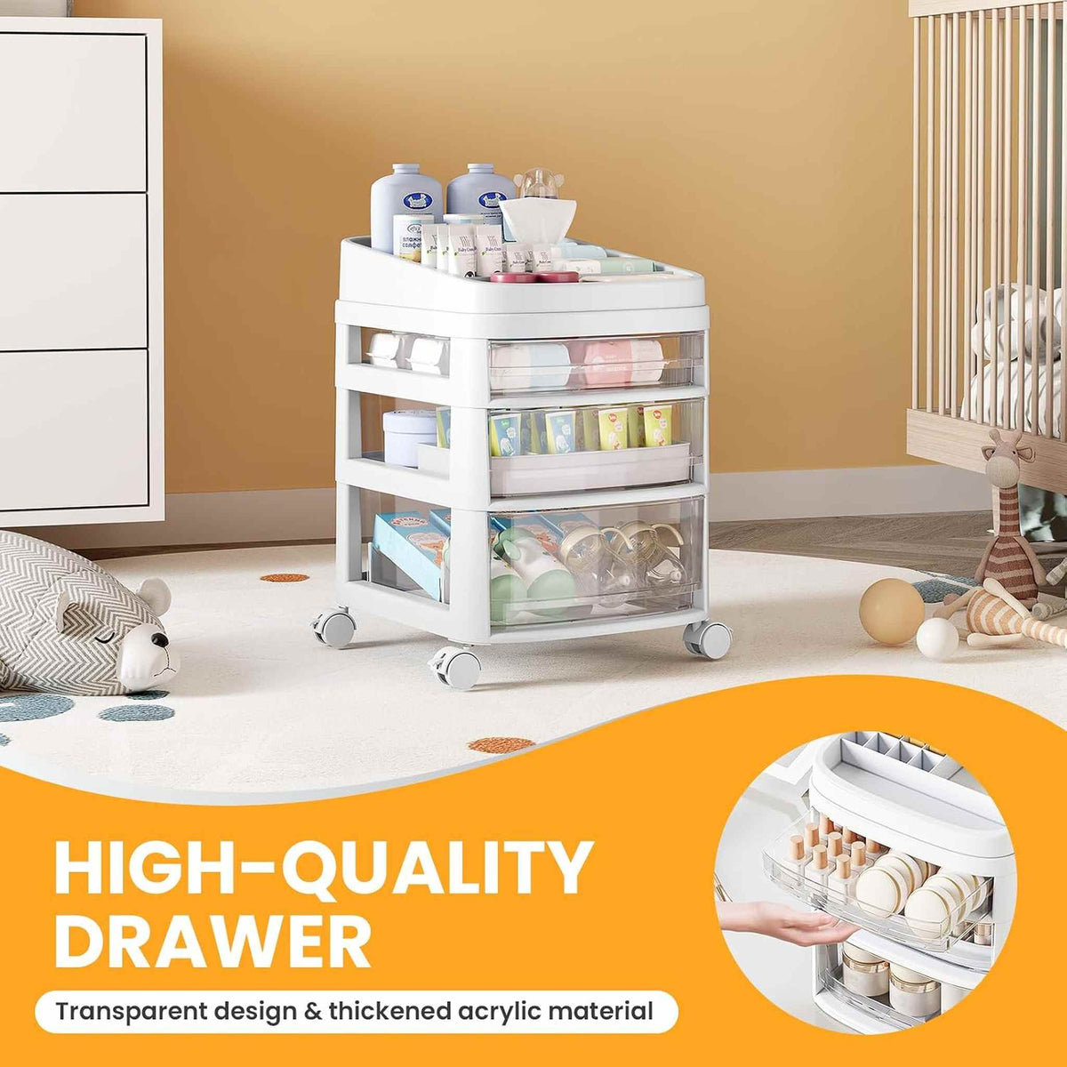 SYKIARIOL rolling vanity cart – high-quality transparent thickened acrylic drawers beside a vanity mirror