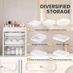 SYKIARIOL rolling vanity cart – diversified storage infographic: three drawer sizes with dividers, fits 35+ lipsticks