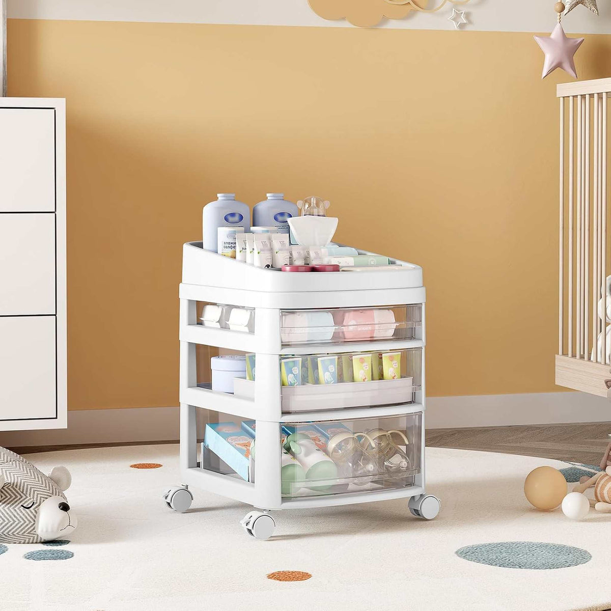 SYKIARIOL rolling vanity cart – in a bedroom next to a dresser, holding skincare and makeup