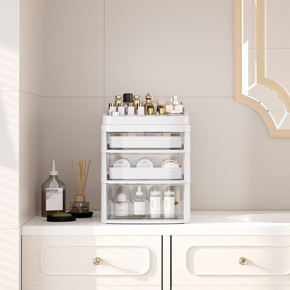 SYKIARIOL rolling vanity cart – on a white dresser with perfume and skincare bottles