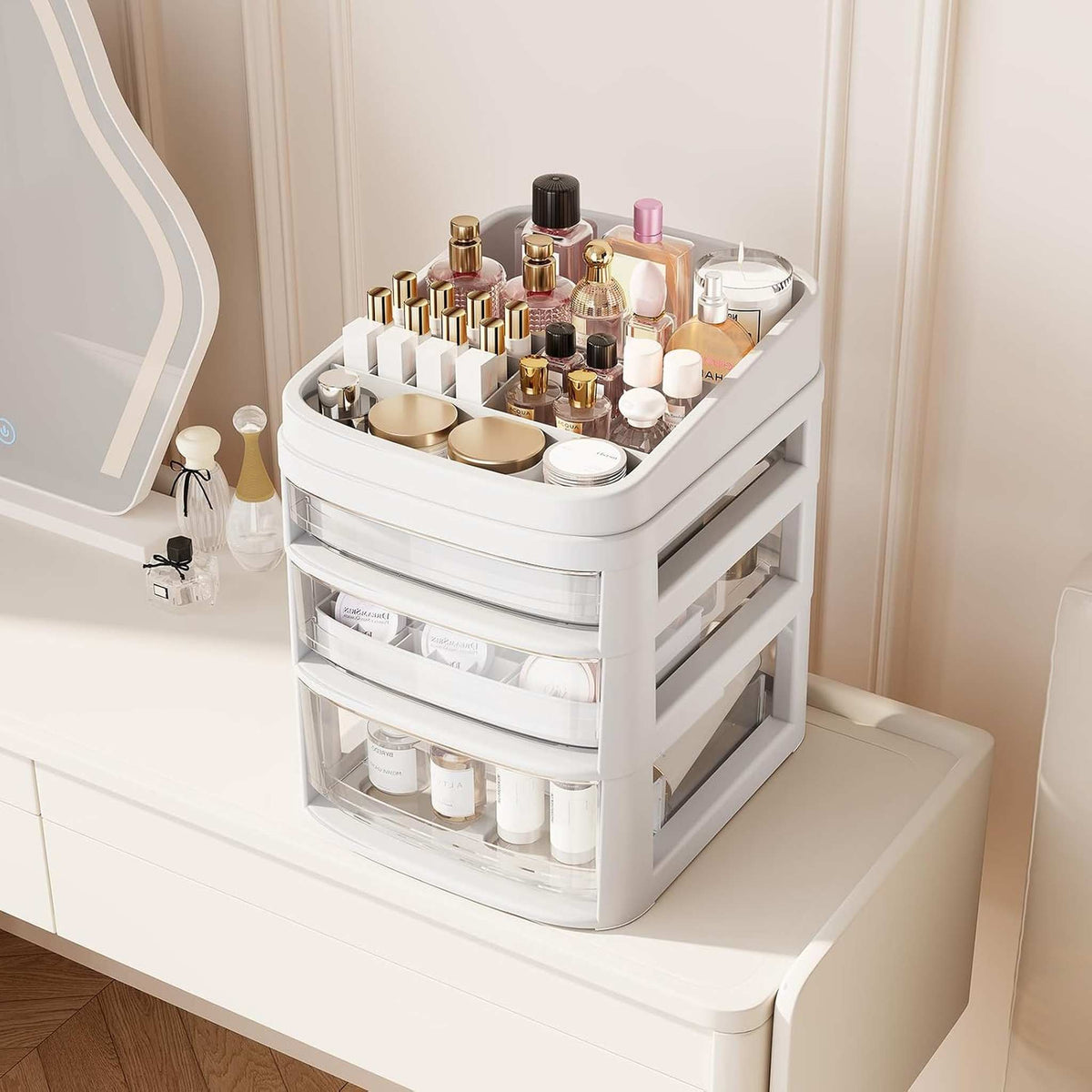 SYKIARIOL rolling vanity cart – on a vanity table organizing makeup, brushes and jewelry