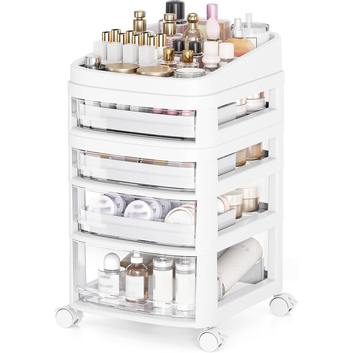 SYKIARIOL rolling vanity cart, three-drawer version with makeup palettes and skincare in clear drawers