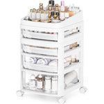 SYKIARIOL rolling vanity cart, three-drawer version with makeup palettes and skincare in clear drawers