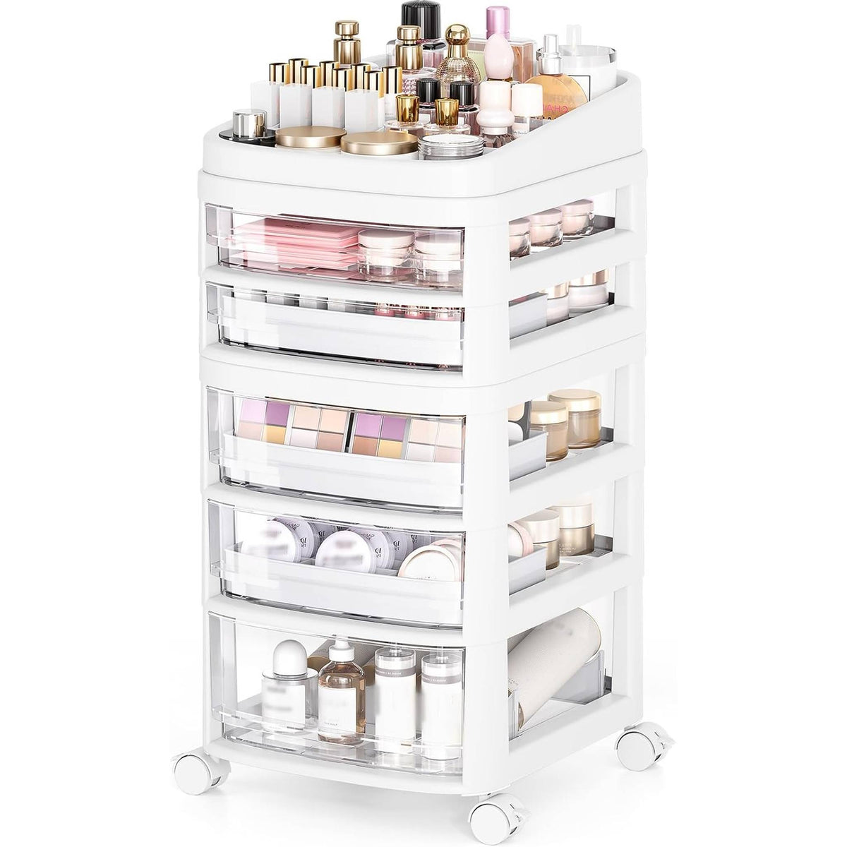 SYKIARIOL rolling vanity cart, five-drawer version holding lipsticks, eyeshadow and skincare products