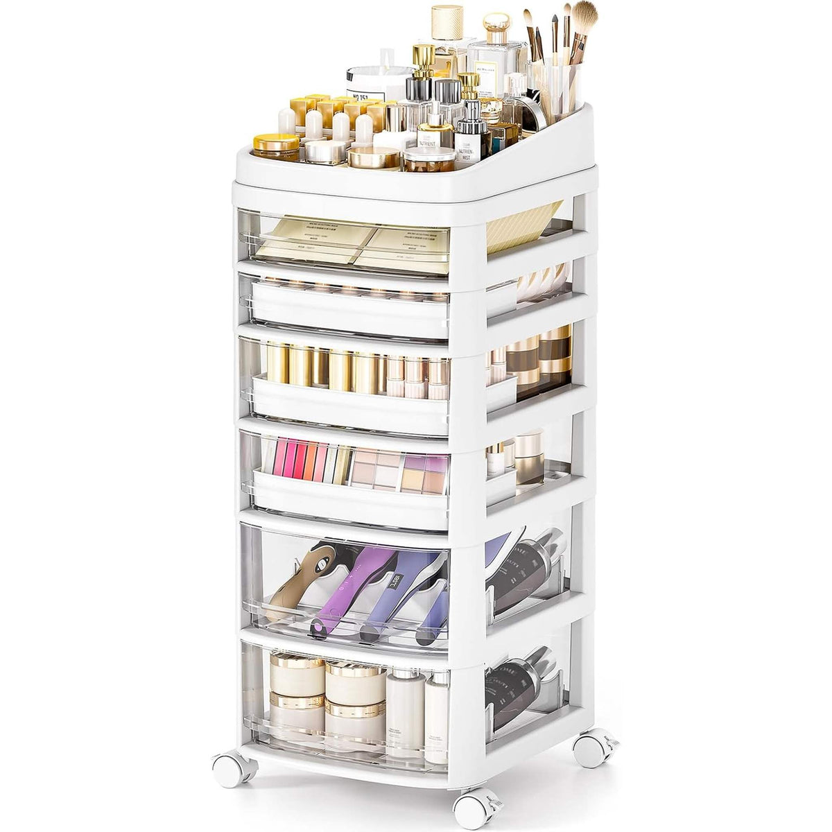 SYKIARIOL rolling vanity cart, tall version with six clear drawers holding makeup, brushes and skincare